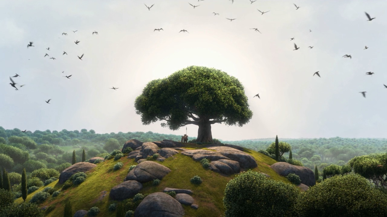 A single great oak alone on a green ridge at dawn with every bird in it going up at once