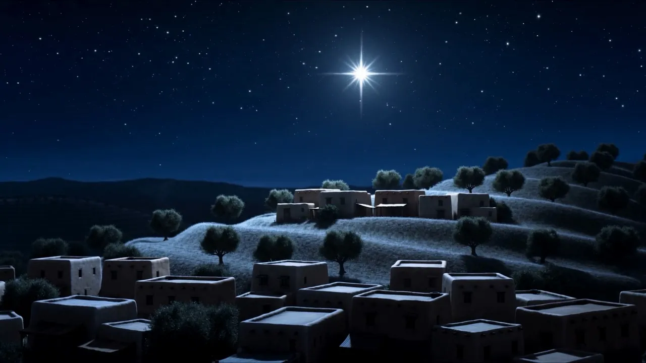 Out over a small hill town, with one star standing over it
